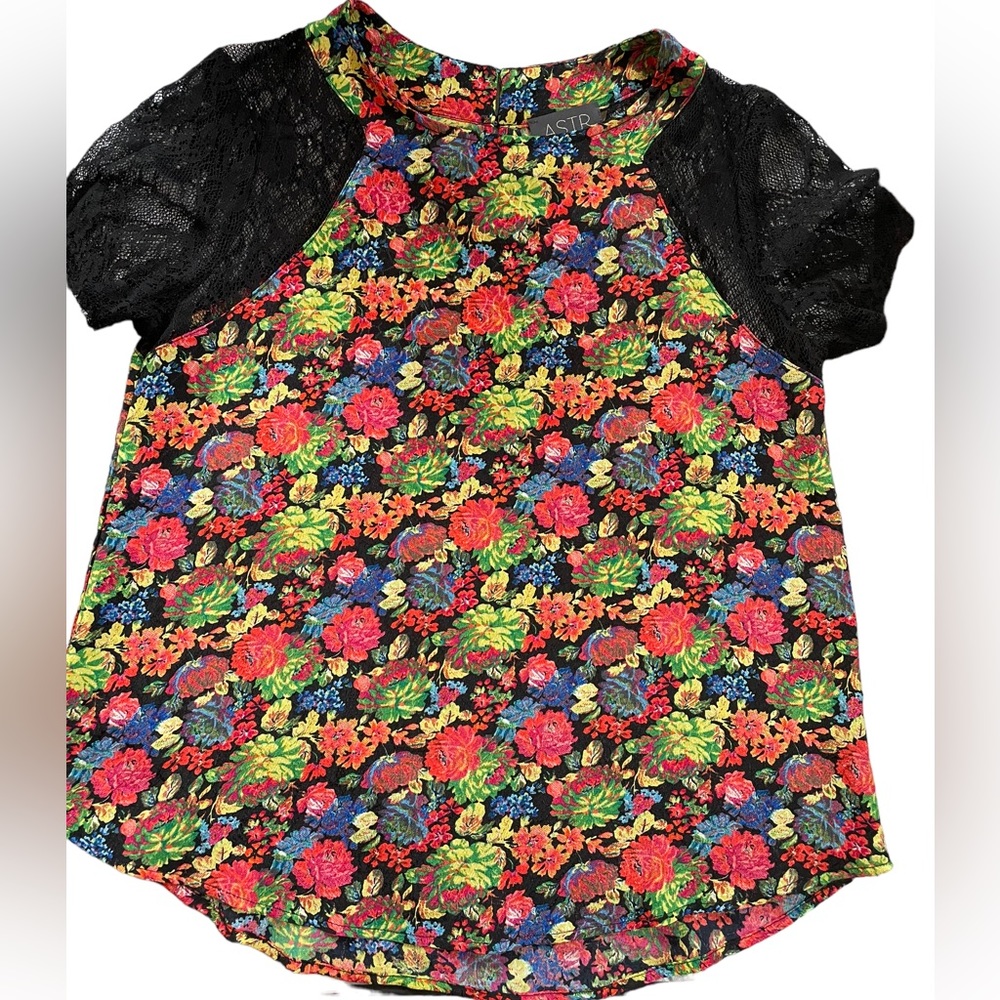ASTR Lace Sleeve Neon Textured Floral Blouse
